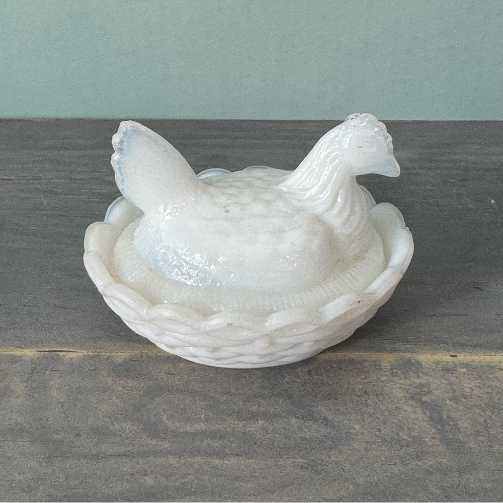Vintage White Milk Glass Hen on Nest Candy Dish